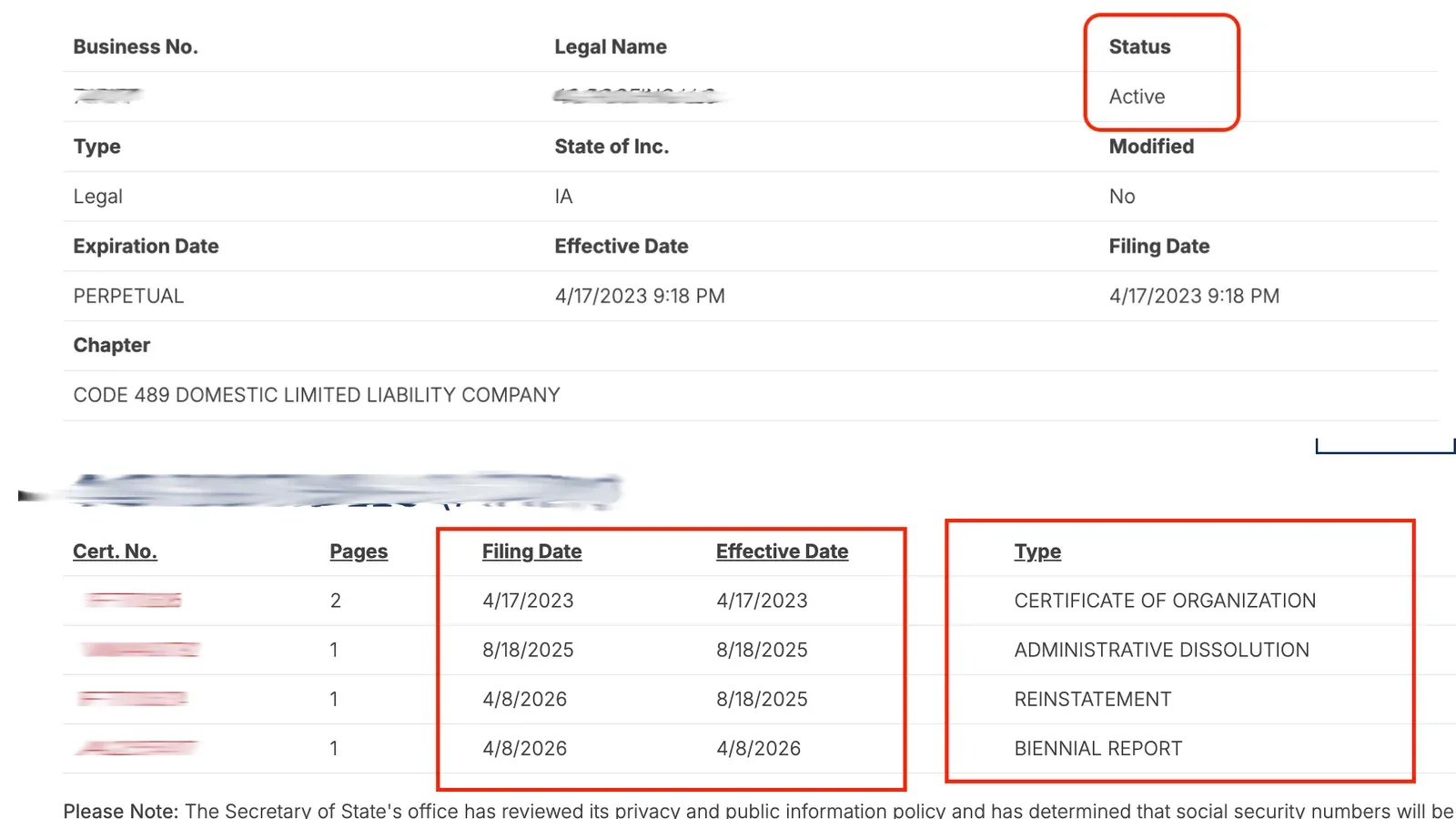 Iowa business record with Status Active and a filings list showing an administrative dissolution on 8/18/2025 followed by a reinstatement filed on 4/8/2026