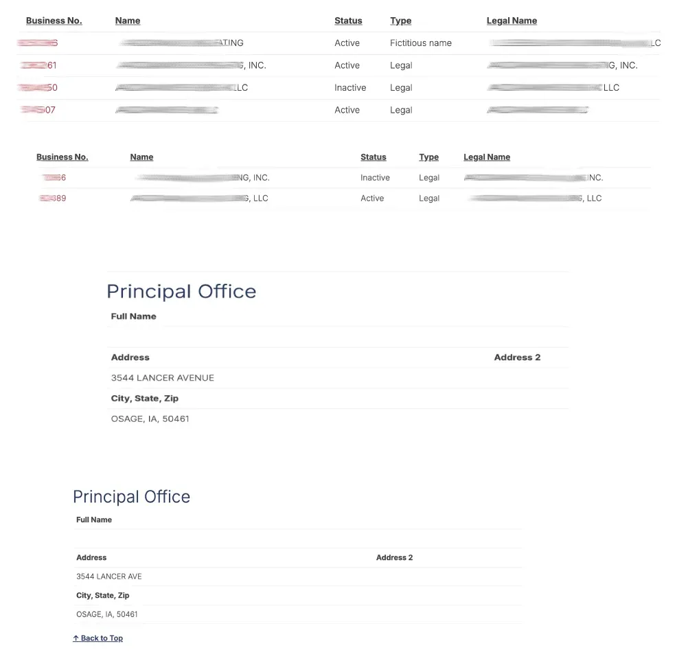 Iowa business search results with active and inactive rows and a row of type “Fictitious name,” above two Principal Office panels that give the same street address in Osage, Iowa