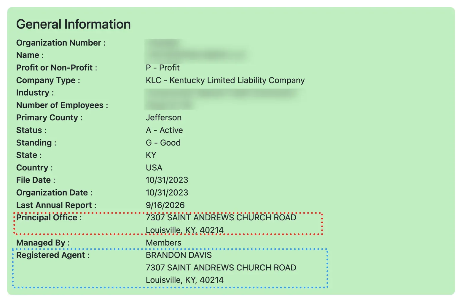 Kentucky record where the Principal Office lines and the Registered Agent lines give the same street address in Louisville, and the registered agent is a person
