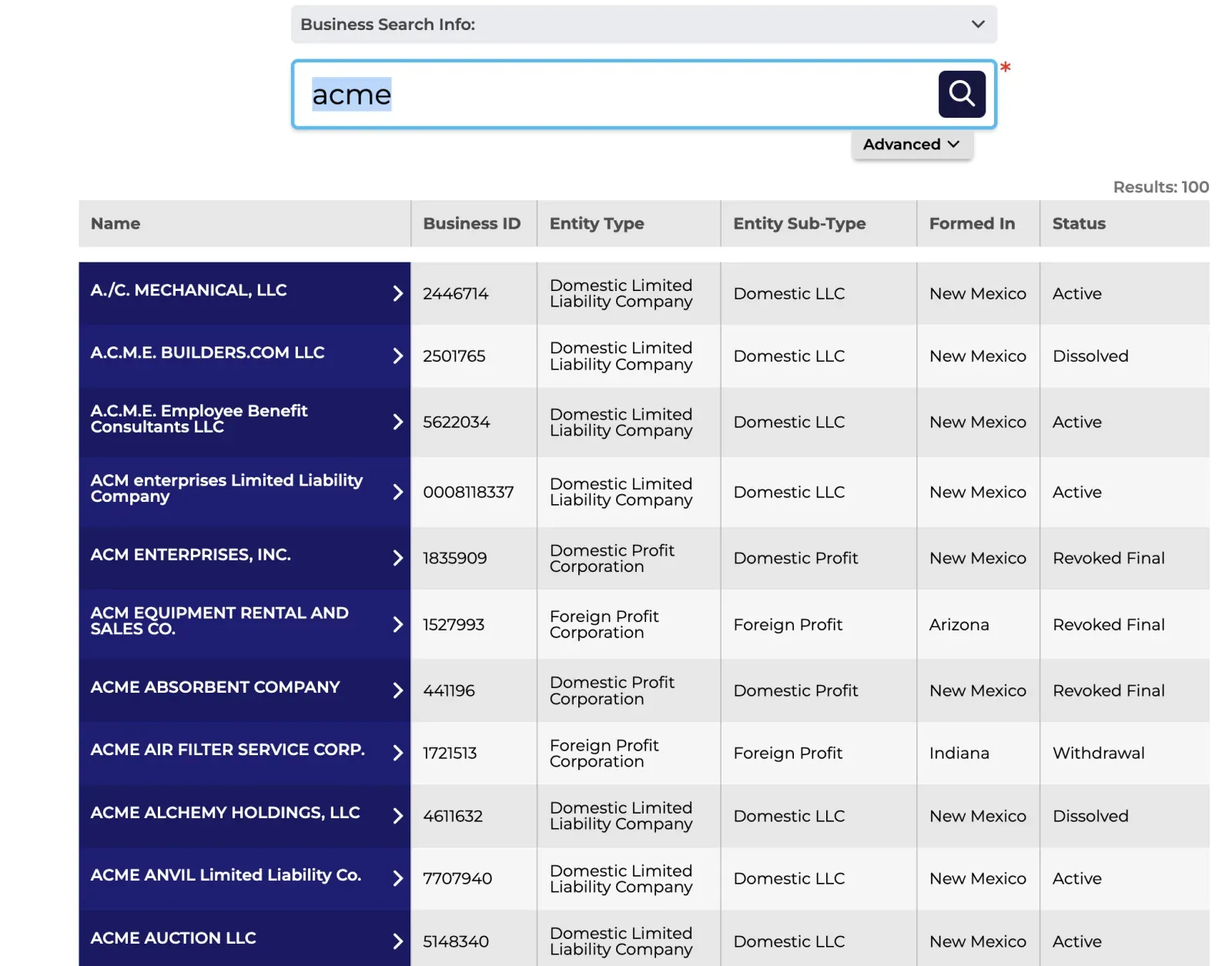 New Mexico Business Search results for acme: 100 results with different business IDs, entity types, formation states and statuses
