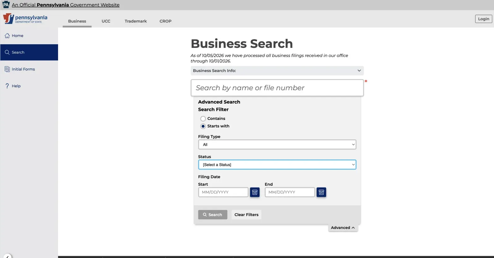 Pennsylvania Department of State Business Search page with a name or file number box and Contains and Starts with filters