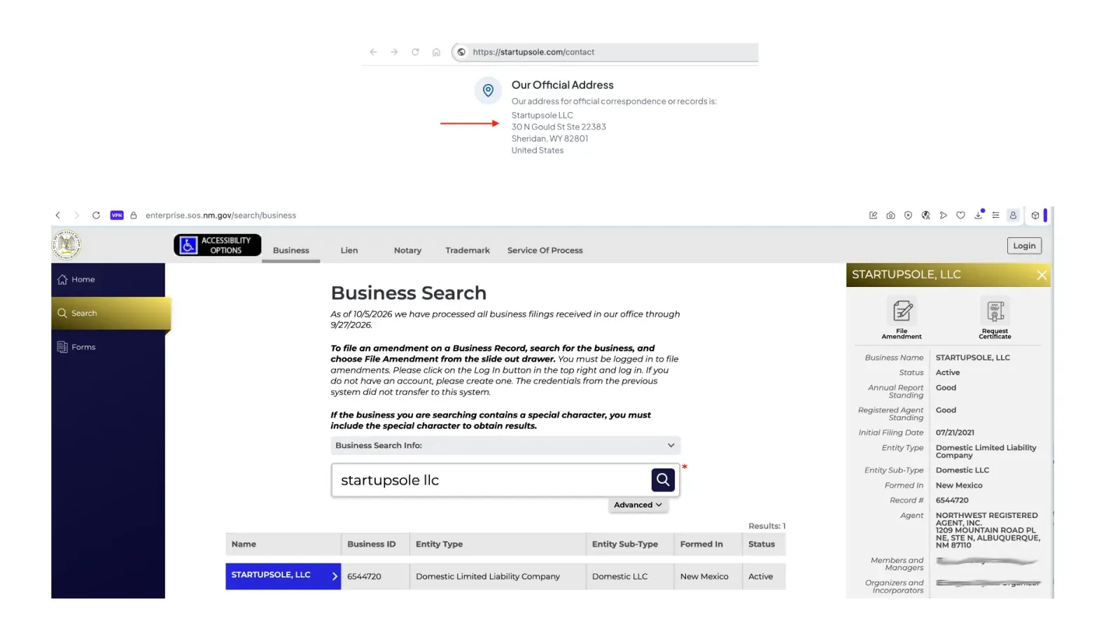 Startupsole LLC contact page showing a Sheridan, Wyoming address above the New Mexico Business Search record for Startupsole, LLC, formed in New Mexico