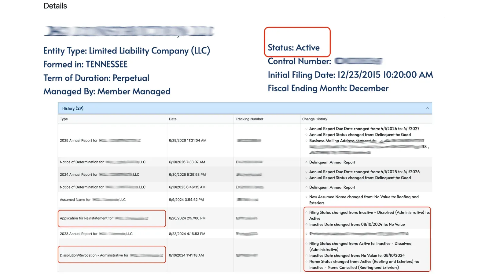 Tennessee business record with Status Active and a History section listing an administrative dissolution on 8/10/2024 and an application for reinstatement on 8/26/2024