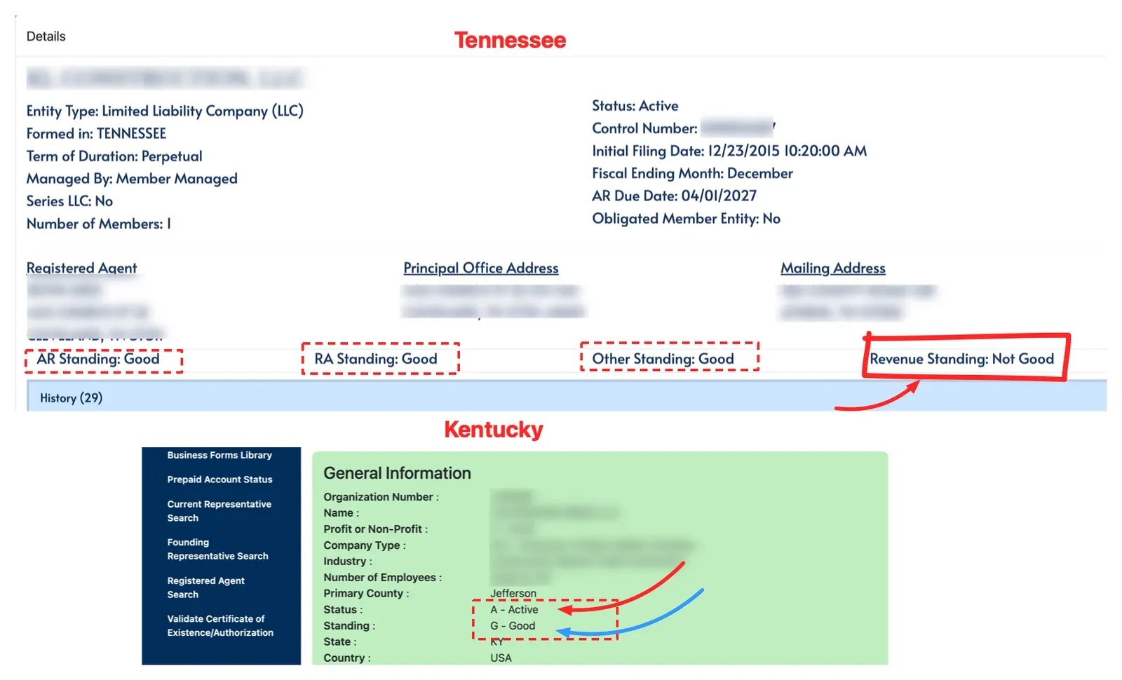 Tennessee record with Status: Active and four standing lines, AR Standing: Good, RA Standing: Good, Other Standing: Good and Revenue Standing: Not Good, above a Kentucky record with Status: A - Active and Standing: G - Good