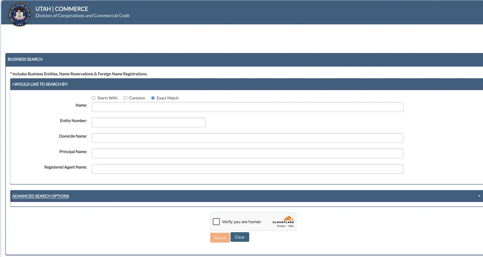 Utah Division of Corporations Business Search form with name, entity number, principal name and registered agent name fields